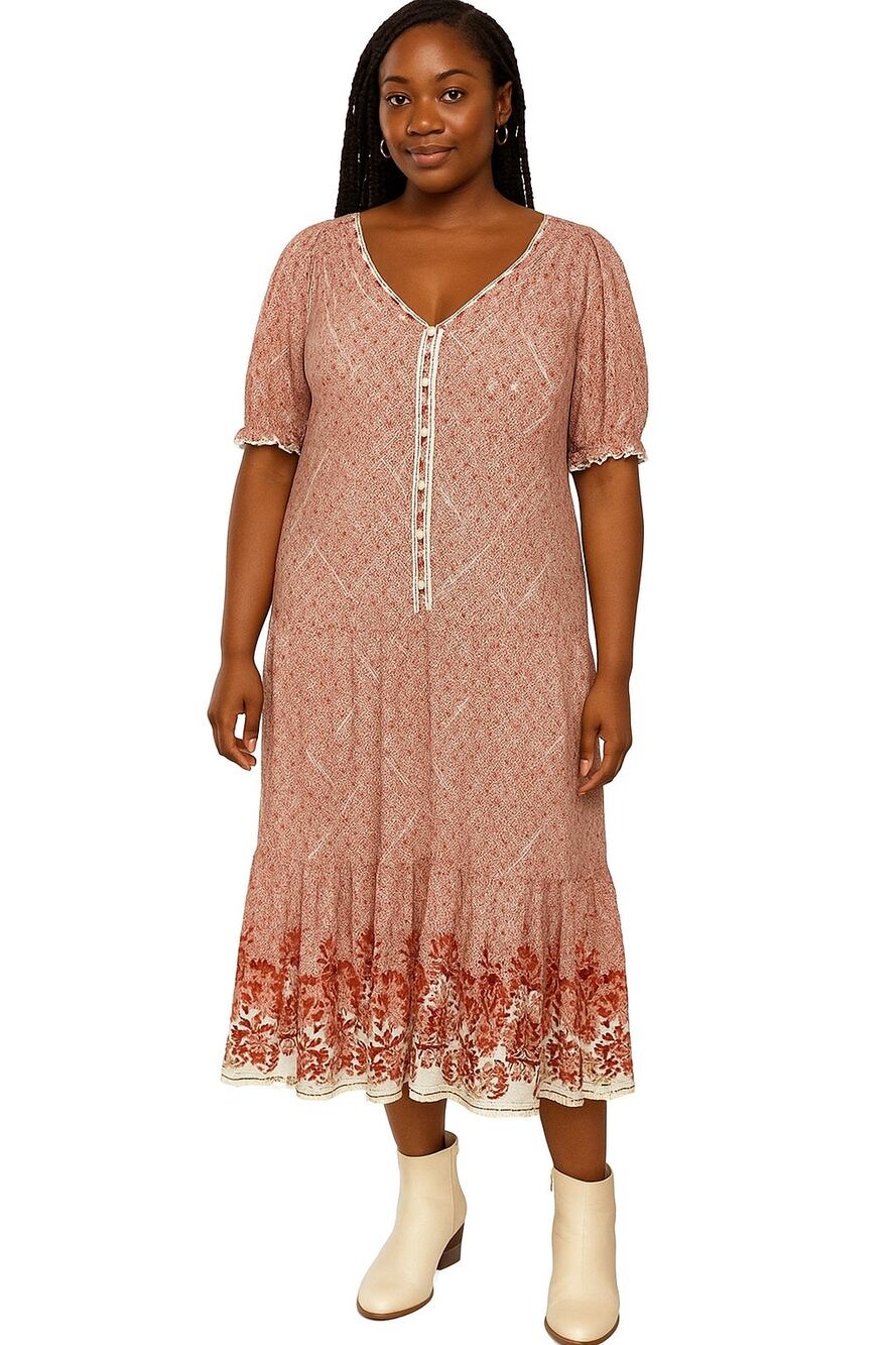 Chelsea & Violet Boho Maxi Dress L Red White Floral Print Smocked Sleeve Tiered